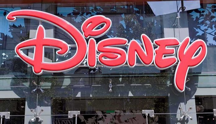 Bright red Disney logo displayed on a storefront window