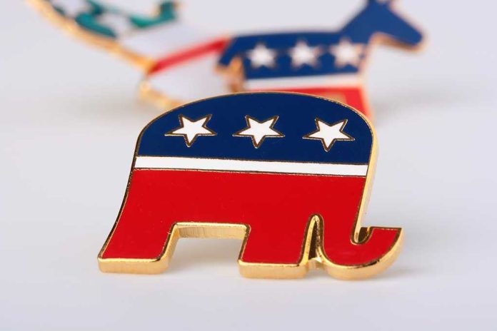 shutterstock_53800150.jpg A red, white, and blue elephant pin representing the Republican Party