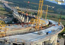 Construction of a large bridge with cranes and machinery in operation