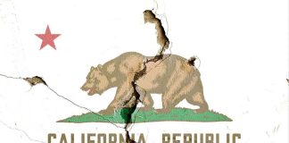 Cracked California Republic flag on a wall.