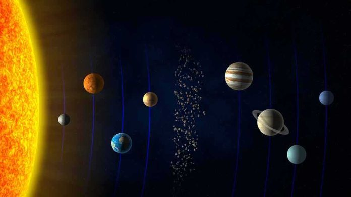 Illustration of the solar system with the sun and planets