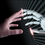 Robot Invasion Stuns San Francisco Human and robotic hand reaching out to touch.
