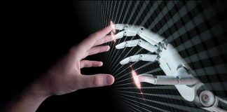 Robot Invasion Stuns San Francisco Human and robotic hand reaching out to touch.