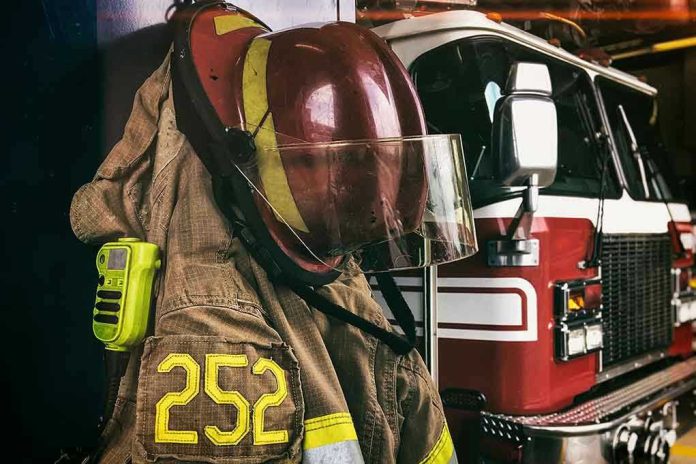 Firefighter gear hanging in front of fire truck.