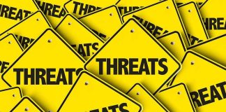 Homan THREATENS — New York Braces Yellow warning signs with the word THREATS.