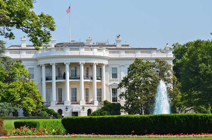 The White House surrounded by gardens and a fountain