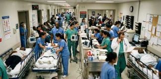 20 Year BAN Gags MAJOR Clinic Busy hospital emergency room with medical staff attending to patients