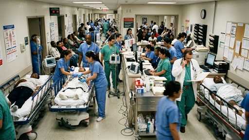 Busy hospital emergency room with medical staff attending to patients