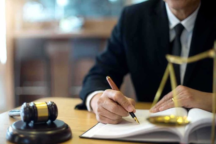 shutterstock_1035780232 Lawyer writing in a legal document beside gavel and scales