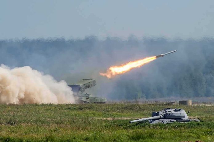 rocket launcher firing missile across a field