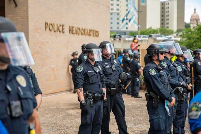 Police officers in riot gear stand in formation outside a headquarters building