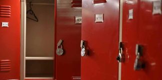 Red metal lockers with combination locks