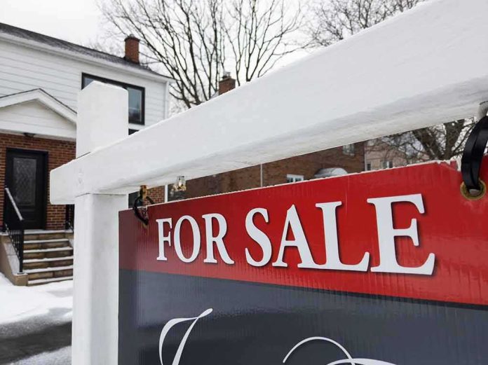 For sale sign in front of a house in winter