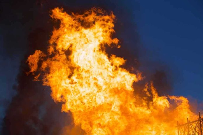 shutterstock_2145246999 Large flames against a dark blue sky