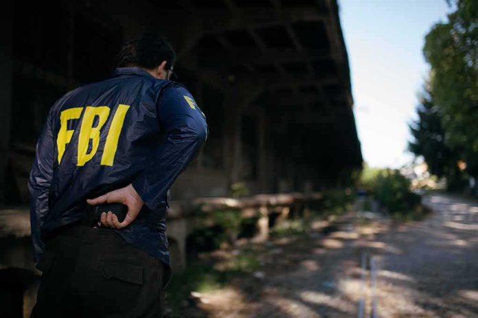 FBI agent stands under an overpass holding a radio