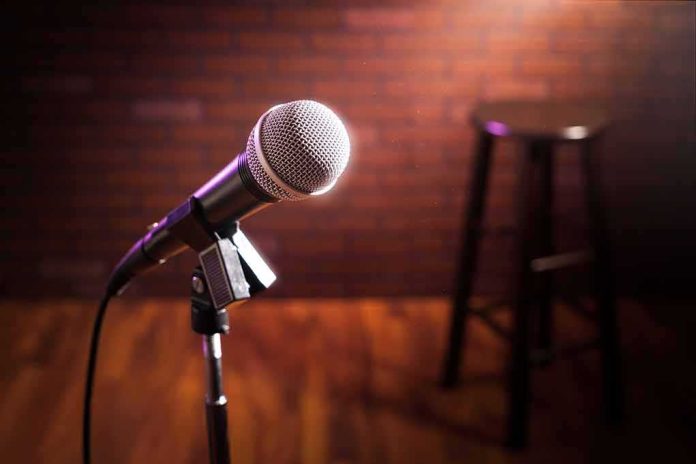 Microphone on stand with stool in blurred background