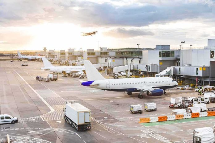Airplanes at airport gates during sunset with ground vehicles and jet bridges