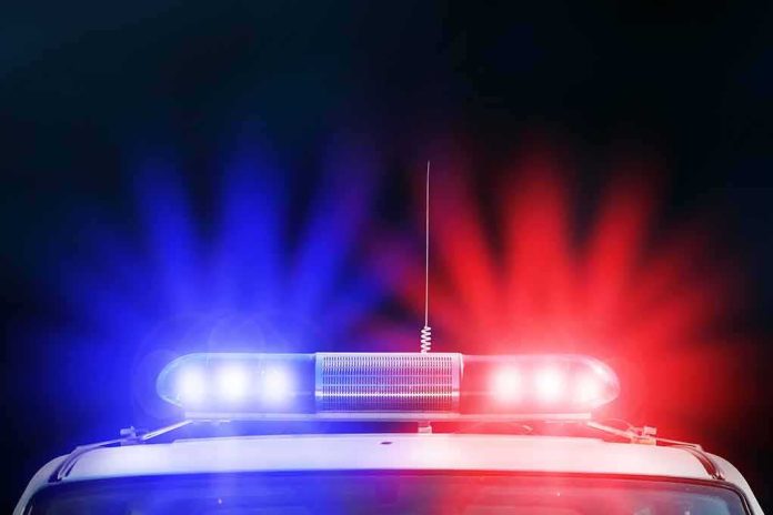 Police car roof with flashing red and blue lights at night
