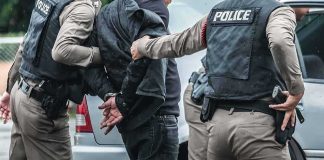 Police officers arresting a person beside a car
