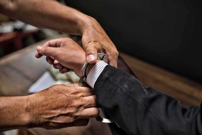hands placing handcuffs on a suited person's wrists