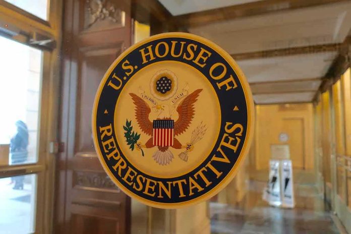 U.S. House of Representatives seal on a glass door