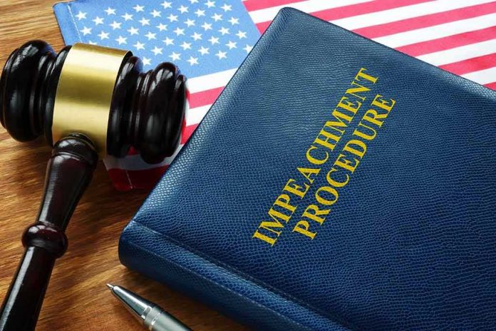 Impeachment procedure book with gavel and U.S. flag
