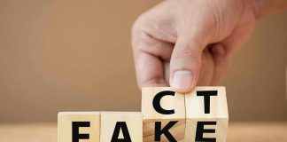 Hand flipping wooden blocks between fact and fake