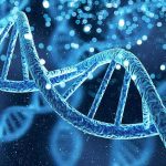 DNA double helix with glowing particles