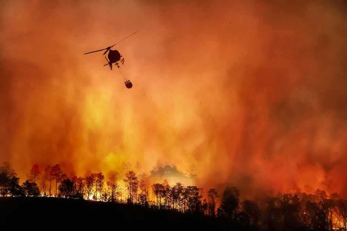 Helicopter fights massive wildfire over burning forest