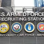 U.S. Armed Forces recruiting station facade with service emblems