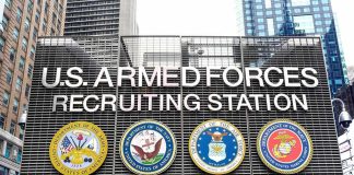 U.S. Armed Forces recruiting station facade with service emblems