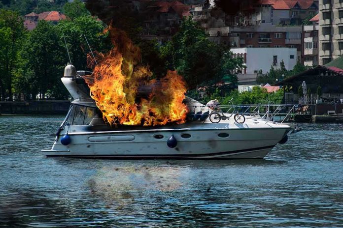 Motorboat on fire near a riverside city