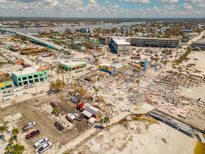 Aerial view of coastal town with widespread storm damage