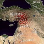 Map of Türkiye and Syria with red concentric circles marking earthquake epicenter