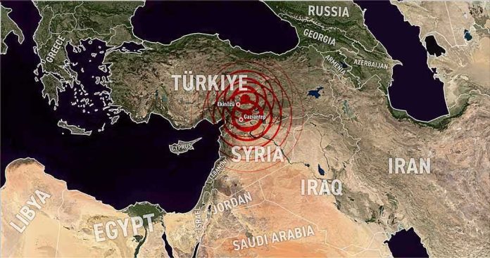 shutterstock_2259025043 Map of Türkiye and Syria with red concentric circles marking earthquake epicenter