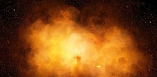 Bright orange cosmic explosion cloud in space