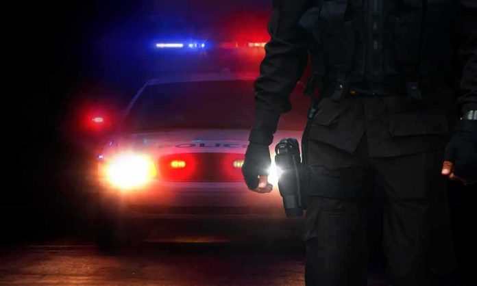 Police officer stands before patrol car with flashing lights at night