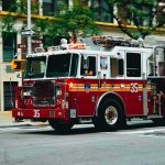 Fire truck turning on a city street