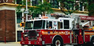 Fire truck turning on a city street