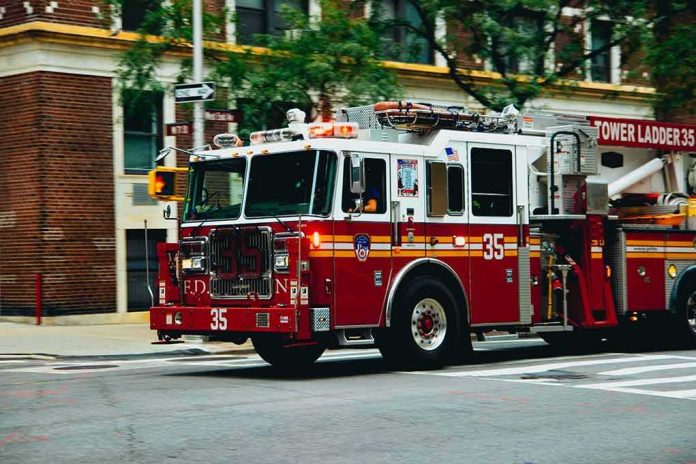 Fire truck turning on a city street