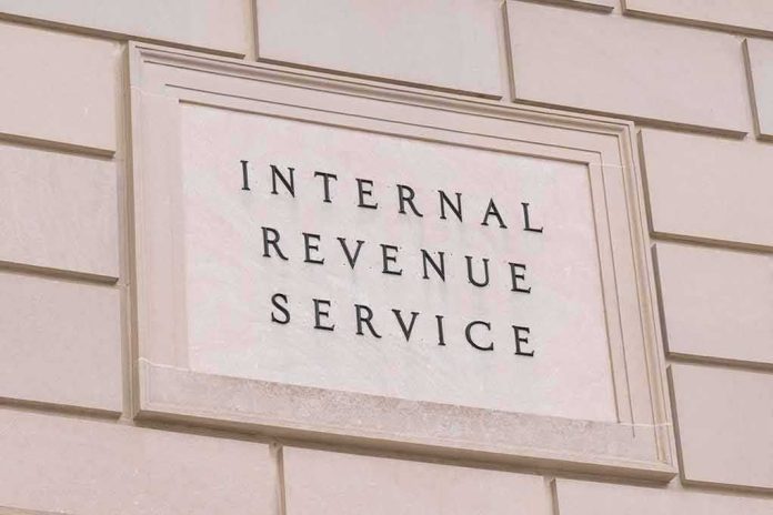 Internal Revenue Service building sign on a stone wall