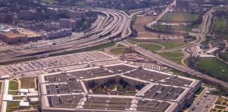 The Pentagon building seen from above with surrounding highways and parking lots