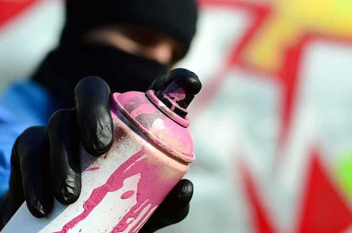 gloved hand holding a pink spray paint can