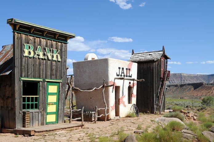 Wild West themed bank and jail buildings in a desert setting