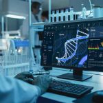 Scientist analyzing DNA model on computer in laboratory