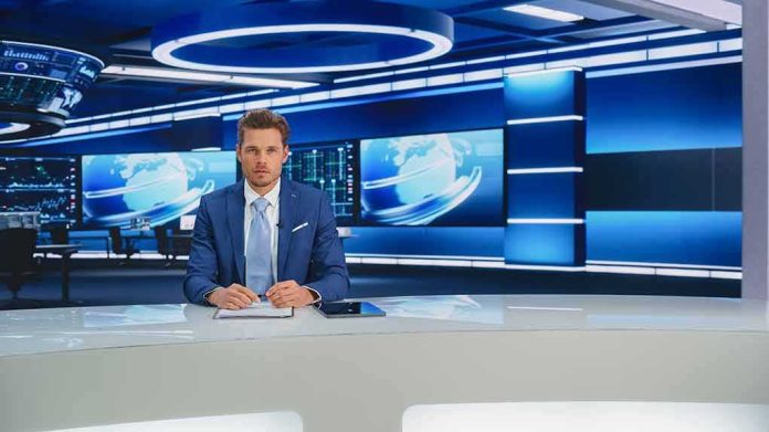 shutterstock_2169481567-1 News anchor at a modern television studio desk