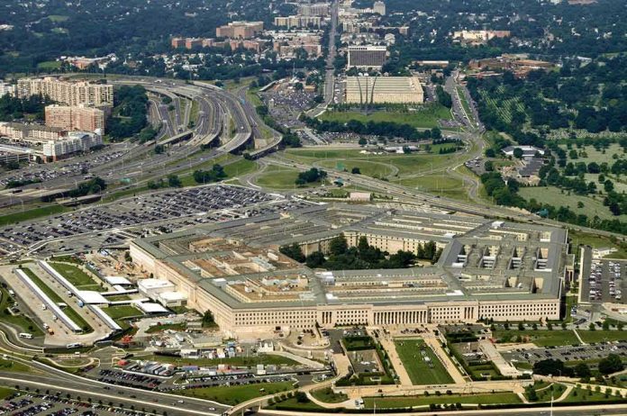 Aerial view of a large five-sided government building with surrounding highways