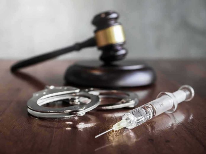 Syringe with handcuffs and judge's gavel on a wooden table