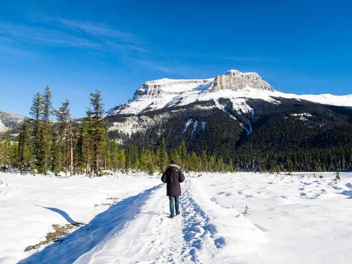 Person walking on snowy trail toward a mountain