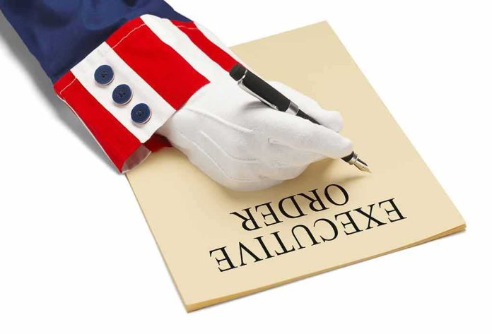 Uncle Sam costume sleeve signing a document with a pen